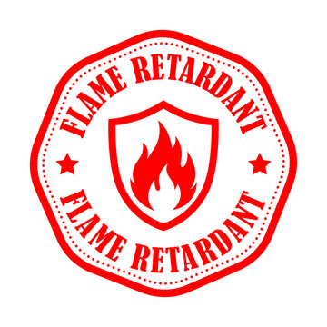 Flame retardant hexagonal stamp sign with shield and fire icon for safety and industrial labeling