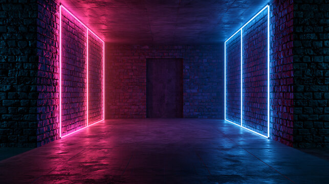 Futuristic empty room with dark brick walls illuminated by glowing pink and blue neon lights. Cyberpunk interior backdrop for product displays.