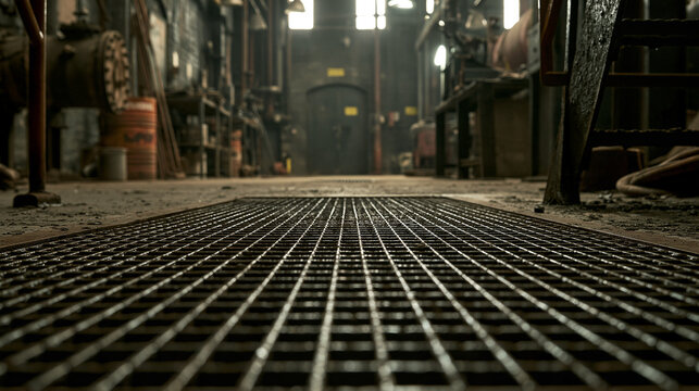 Industrial floor grate in a dark factory setting with dramatic lighting. Perfect for manufacturing and engineering background concepts.