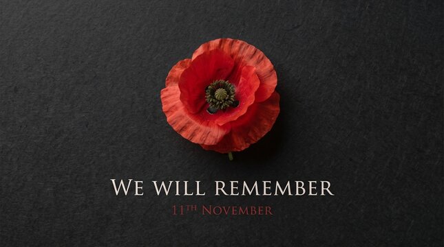 Red poppy flower with remembrance day text on dark background
