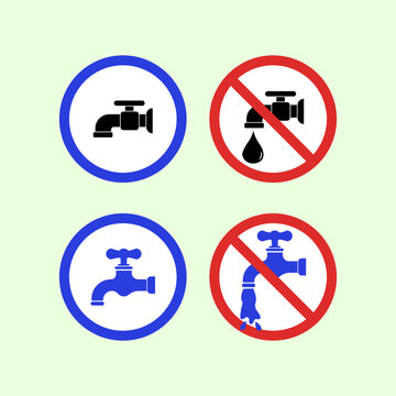 Minimalist graphic illustration set of water tap icons with prohibition signs for saving water. Ideal design element for environmental conservation and app UI design.