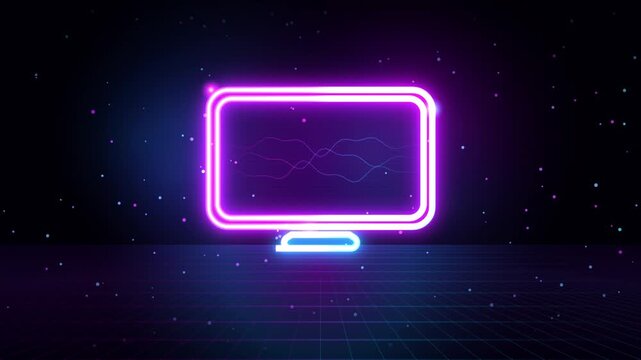 Retro neon computer monitor animation with synthwave grid and floating particles, 80s cyberpunk style background