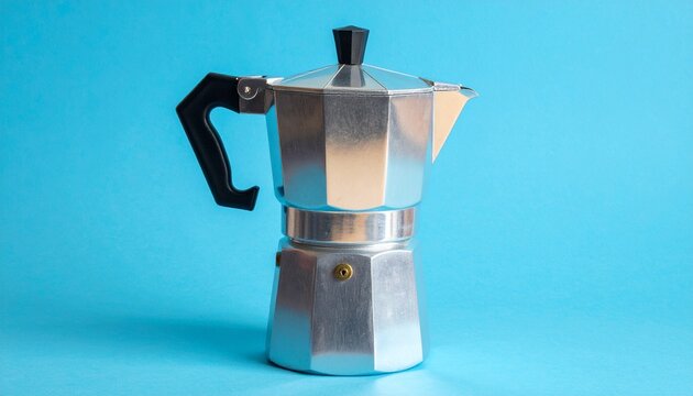 Classic metal coffee pot with a graceful spout, elegant rounded body and polished durable finish, premium commercial stock photography, photorealistic, front 3/4 view, vertical orientation on blue bac