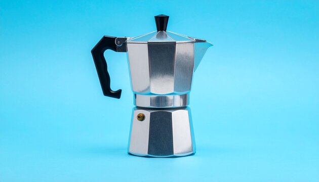 Classic metal coffee pot with a graceful spout, elegant rounded body and polished durable finish, premium commercial stock photography, photorealistic, front 3/4 view, vertical orientation on blue bac