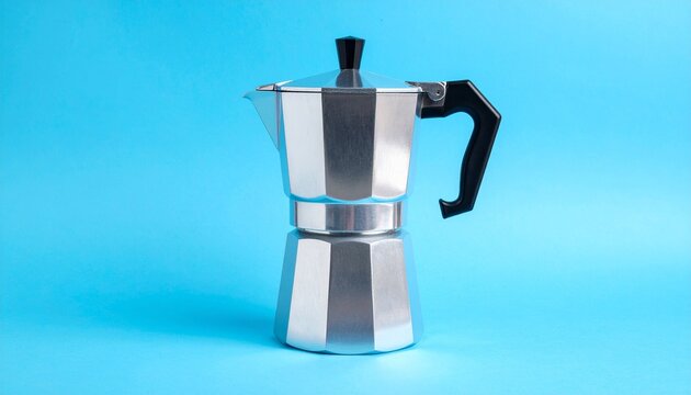 Classic metal coffee pot with a graceful spout, elegant rounded body and polished durable finish, premium commercial stock photography, photorealistic, front 3/4 view, vertical orientation on blue bac