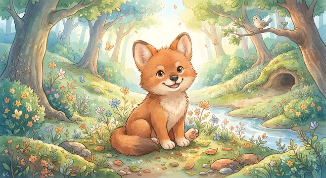 Friendly little wild dog in a sunny woodland, cute animal cartoon illustration for kids