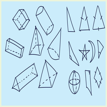 Minimalist line art doodle graphic illustration set of 3D geometric shapes including prism, pyramid, cylinder, cone, and 2D math symbols. Ideal for education UI design.
