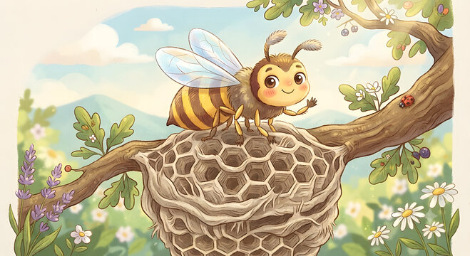 Friendly little paper wasp and its nest in a sunny forest, vector style children illustration