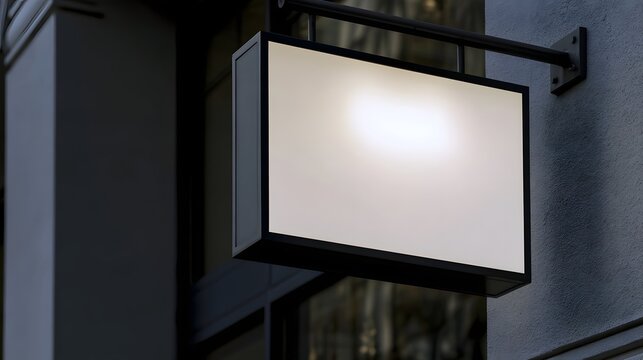 A modern illuminated rectangular sign with blank white surface mounted on a building exterior at night