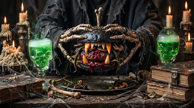 Terrifying Necromancer Banquet with Spooky Food and Glowing Skull Potion