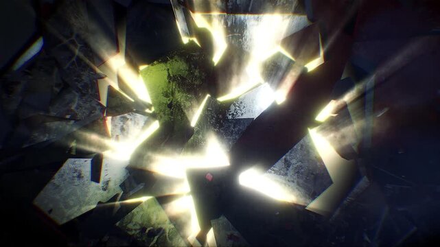 A dark cinematic backdrop of jagged fractured shards suspended in a void, pierced by volumetric shafts of shimmering light that cast long, ethereal glows across the broken surfaces.
