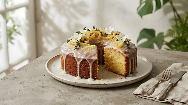 Sliced lemon drizzle cake with glaze and thyme garnish on a plate with cutlery on a table