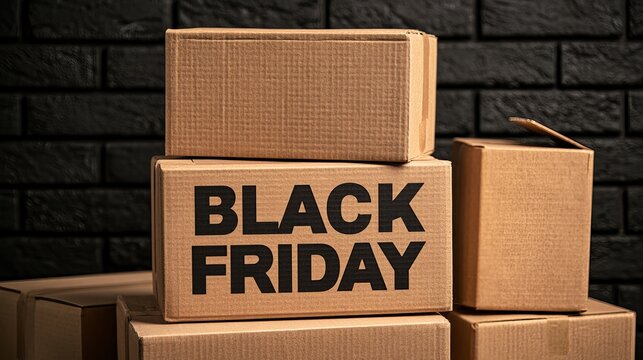 Stacked cardboard boxes prominently display Black Friday message against dark brick, representing retail sales promotion concept