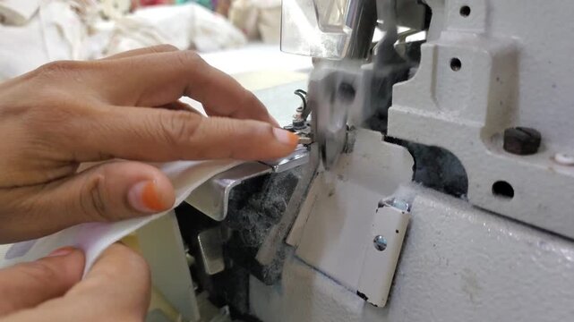  Close Up of Overlock Machine Sewing White Fabric

