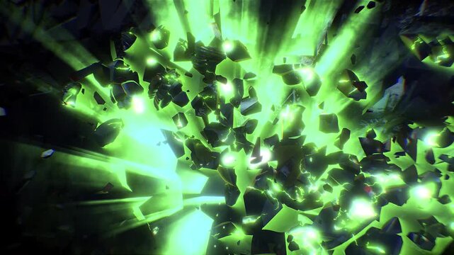 A fractured human suspended in a dark, cinematic void, its crystalline shards slightly separated. Volumetric shafts of shimmering light pierce through from behind.