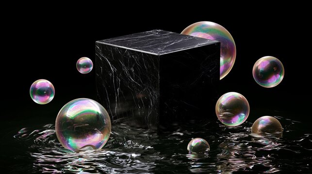 Sleek dark cube displaying iridescent bubbles floating gently, showcasing a modern concept for luxury and ethereal design
