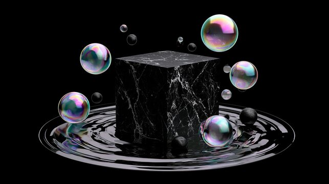 Floating iridescent bubbles hover above a dark marble cube resting on a reflective black surface, creating abstract, luminous contrast