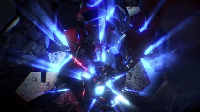 A fractured human head suspended in a dark, cinematic void, its crystalline shards slightly separated. Volumetric shafts of shimmering light pierce through from behind.