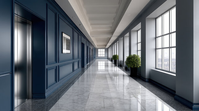 Elegant hallway marble floor blue wall large window modern elevator indoor plant natural light luxury interior