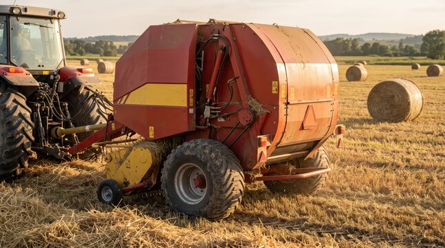 Tractor towing round baler across harvested field, producing hay bales. Agricultural machinery at work during haymaking. Crop harvest and livestock feed production. Rural farming