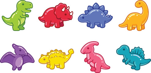 Cute cartoon dinosaur vector sticker set featuring colorful prehistoric animals isolated on white background © MDMAZEDUL