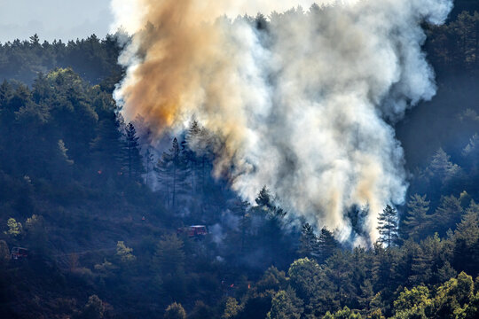 Starting forest fire very near the village of Axat, in the French Pyrenees (Aude department); a fire truck is near the fire
