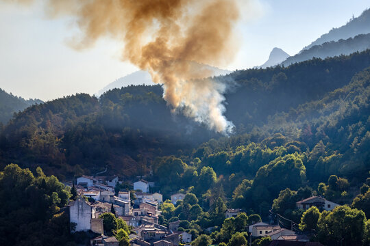 Starting forest fire very near the village of Axat, in the French Pyrenees (Aude department)