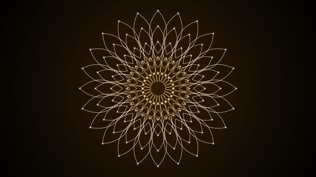 Golden geometric mandala pattern expanding on dark background
