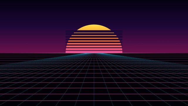Retro 1980s Synthwave Outrun Neon Sunset with Copy Space for Gaming Event.