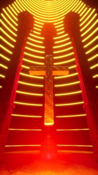 Metallic Cross with orange neon rings in vertical view