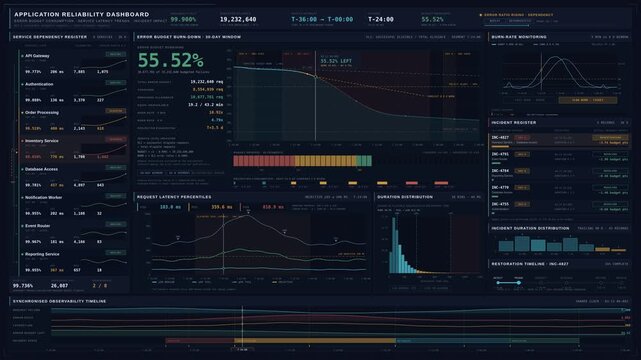 Explore a cinematic application reliability dashboard showcasing error budgets, service latency trends, and incident analytics for a fictional enterprise application platform.