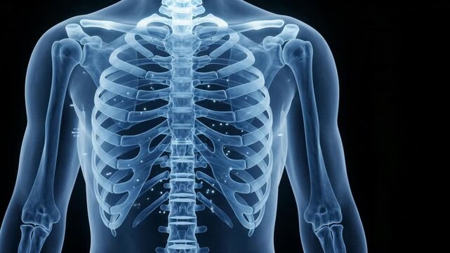 Human Skeleton Anatomy - Glowing Chest Scan with Ribs and Spine - Futuristic Medical 3D Animation