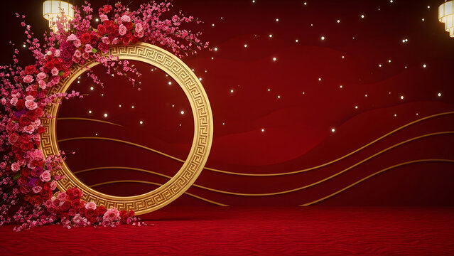 Elegant Circular Floral Frame Backdrop for Wedding Photography and Event Ceremonies Featuring Luxurious Red Roses and Gold Accents