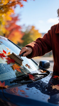 Close-Up of Elderly Person's Hands Brushing Autumn Leaves off a Car Windshield