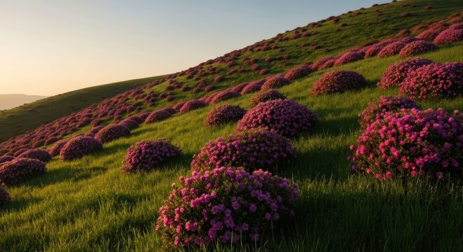 Rolling hillside bathed in sunset light, covered in vibrant purple flowering bushes, lush green grass