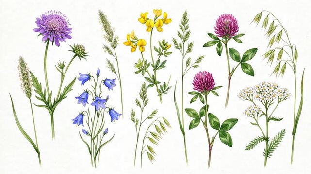 Watercolor botanical illustration of various wildflowers and field grasses