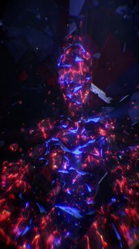 A fractured human suspended in a dark, cinematic void, its crystalline shards slightly separated. Volumetric shafts of shimmering light pierce through from behind.