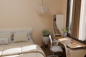 A bright and modern bedroom interior featuring a comfortable bed with neutral bedding and pillows © omkuhh