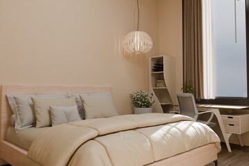 Modern Minimalist Bedroom with Desk, Neutral Decor, and Natural Light © omkuhh