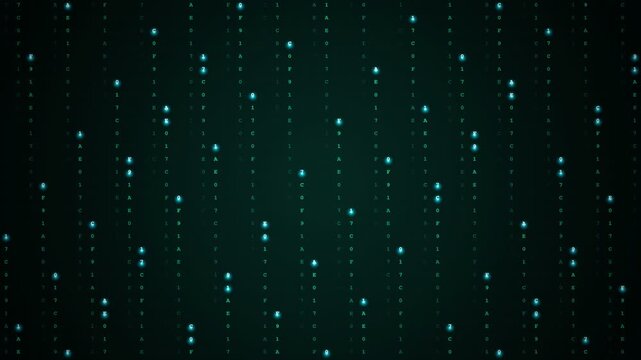 Digital rain of binary and hexadecimal code falling on dark background