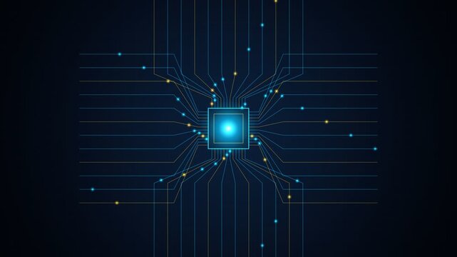 Digital circuit board with glowing central processor and data connections