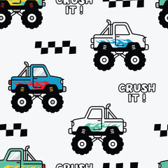 Cartoon Monster Truck and Checkered Flag Pattern Background © atap