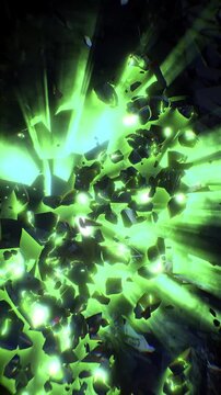 A fractured human suspended in a dark, cinematic void, its crystalline shards slightly separated. Volumetric shafts of shimmering light pierce through from behind.