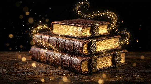 Stacked antique leather bound books glowing with golden magic sparks and mystical light on dark wooden surface