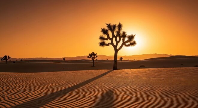 Silhouetted Joshua tree in desert at sunset, long shadow cast on sand dunes