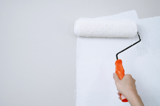 Roller Brush Painting, Worker painting on surface wall Painting apartment, renovating with white color paint. Leave empty copy space  to write descriptive text beside.