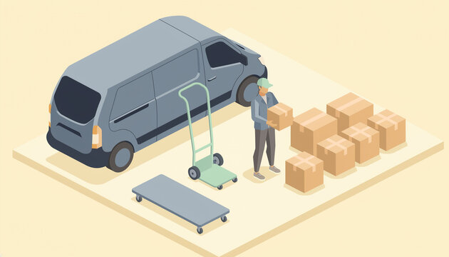 Isometric Parcel Delivery Scene with Cargo Van and Cardboard Packages