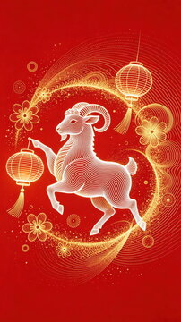 A glowing outline ram prances lively, red festive background, golden lanterns and blossom decorations for Chinese New Year