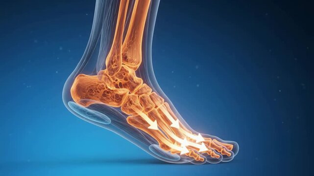 Human Foot Skeleton Anatomy - Biomechanical Force Vectors and Bone Structure Animation - 3D Medical Motion Graphic 4K Footage