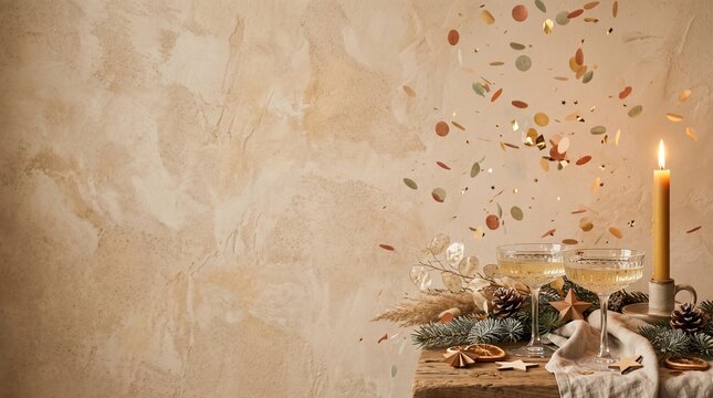 Champagne coupes with candle and falling paper confetti on rustic table with frosted pine, boho New Year celebration banner with copy space